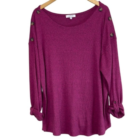 My Style Grape Purple BoatNeck Top Ribbed Button Shoulder Tab Sleeves Plus 2X - Picture 12 of 12
